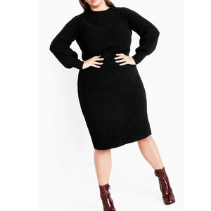 Loralette (Avenue) Plus Size 26/28 Black Ribbed Knit Sweater Dress NWT